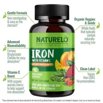 NATURELO Vegan Iron Supplement with Vitamin C and Organic Whole Foods - Gentle Pills for Women & Men w/Iron Deficiency Including Pregnancy, Anemia Diets 90 Mini Capsules