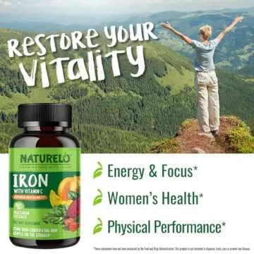 NATURELO Vegan Iron Supplement with Vitamin C and Organic Whole Foods - Gentle Pills for Women & Men w/Iron Deficiency Including Pregnancy, Anemia Diets 90 Mini Capsules