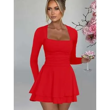 Kaximil Square Neck Mini Dress with Ruffle Hem - Red