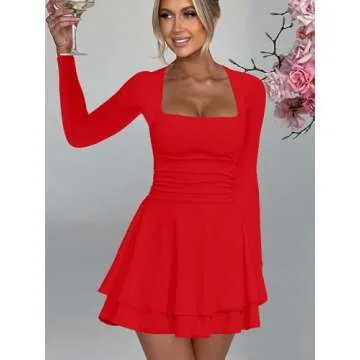 Kaximil Square Neck Mini Dress with Ruffle Hem - Red