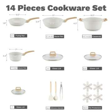 USELUCK 14 Pcs Pots and Pans Set Non Stick, Induction White Cooking Set with Frying Pans, Healthy Ki...