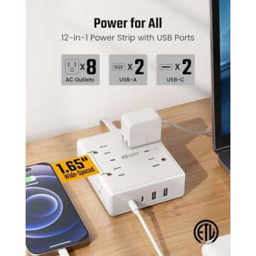 10Ft Power Strip with USB Ports for Home Office Essentials
