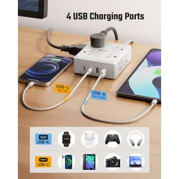 10Ft Power Strip with USB Ports for Home Office Essentials