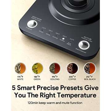 Gooseneck Electric Tea Kettle with 5 Variable Presets, Stainless Steel Inner & Keep Warm Function 0....