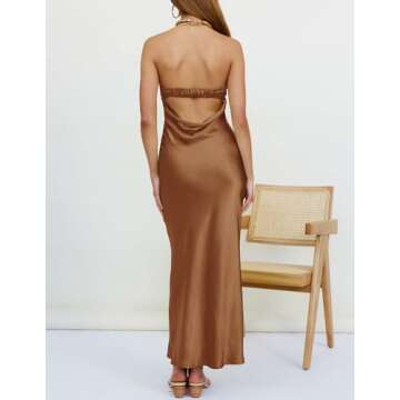 MEROKEETY Women 2025 Summer Strapless Satin Tube Bodycon Backless Wedding Guest Maxi Dress Brown X-Small