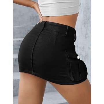 Low Waist Cargo Skirt Women Button Mini Cargo Denim Skirt with Pocket Mini Skirt Black