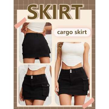 Low Waist Cargo Skirt Women Button Mini Cargo Denim Skirt with Pocket Mini Skirt Black