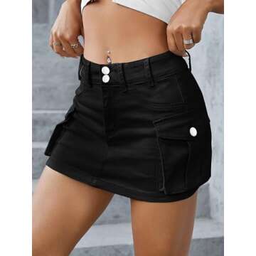 Low Waist Cargo Skirt Women Button Mini Cargo Denim Skirt with Pocket Mini Skirt Black