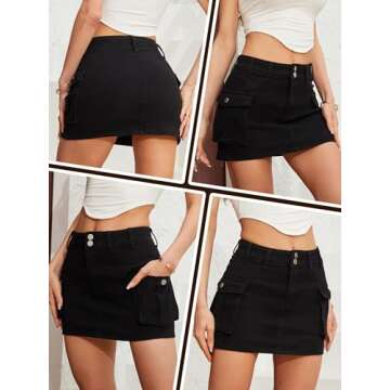 Low Waist Cargo Skirt Women Button Mini Cargo Denim Skirt with Pocket Mini Skirt Black