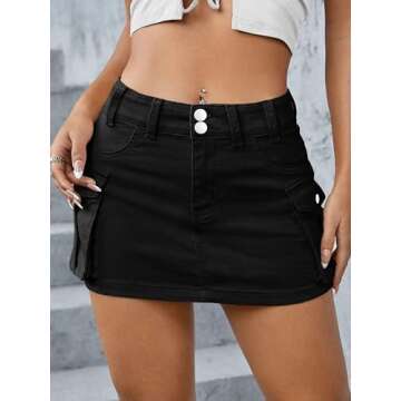 Low Waist Cargo Skirt Women Button Mini Cargo Denim Skirt with Pocket Mini Skirt Black