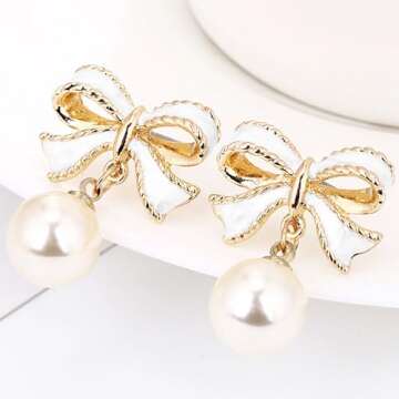 White Bow Earrings for Women Trendy Stuff Cute Bow Pearl Drop Dangle Earrings Bowknot Stud Wedding P...