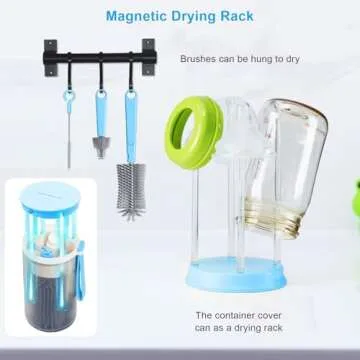 Travel Bottle Cleaner Kit with Baby Bottle Drying Rack, Silicone Liquid Brush, Nipple Brush, Straw Brush, Bottle Soap Dispenser, Baby Bottle Scrubber Brush - Portable Baby Bottle Brush Set, Blue