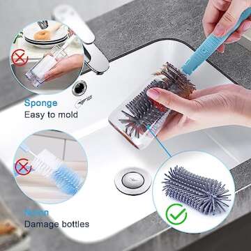 Travel Bottle Cleaner Kit with Baby Bottle Drying Rack, Silicone Liquid Brush, Nipple Brush, Straw Brush, Bottle Soap Dispenser, Baby Bottle Scrubber Brush - Portable Baby Bottle Brush Set, Blue