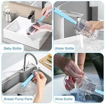 Travel Bottle Cleaner Kit with Baby Bottle Drying Rack, Silicone Liquid Brush, Nipple Brush, Straw Brush, Bottle Soap Dispenser, Baby Bottle Scrubber Brush - Portable Baby Bottle Brush Set, Blue