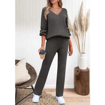 KIRUNDO Womens 2 Piece Sweater Sets 2025 Fall Winter Long Sleeve Knit Pullover and Wide Leg Pants Lounge Set Sweatsuit(Grey, Large)