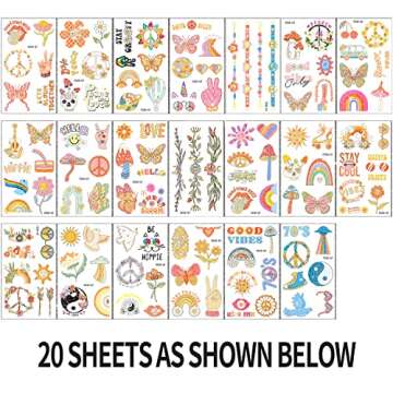 Glitter Hippie Temporary Tattoos For Women Groovy Party Decorations Retro 70s Love and peace two gro...