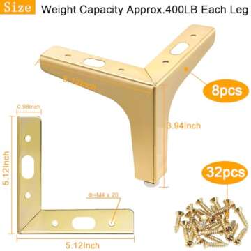 LOSYHU Gold Couch Legs 4 Inch Gold Metal Furniture Legs Modern Triangle Feet Metal Gold Cabinet Sofa...