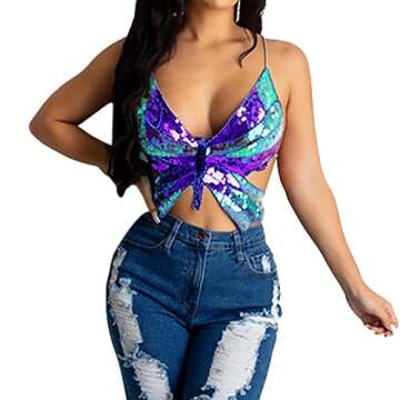 Women Sparkly Butterfly Crop Tank Top Sequin Embroidery Bra Top Belly Dance Halter Bandage Costumes Outfit for Rave Festival