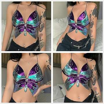 Women Sparkly Butterfly Crop Tank Top Sequin Embroidery Bra Top Belly Dance Halter Bandage Costumes Outfit for Rave Festival