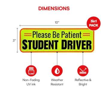 Signs Authority 3 Pcs Student Driver Car Magnet Reflective |10" New Driver Magnet for Car - Student Driver Magnet for Car - Student Driver Sticker | Magnetic Student Driver Signs for Car (Set of 3)