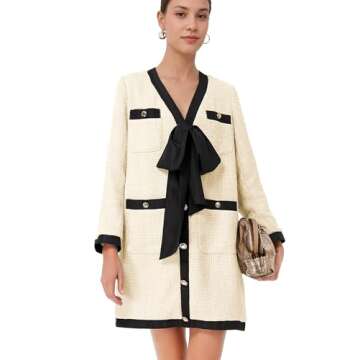 SeeLuNa Women Tweed Bow Dresses V Neck Cardigan Elegant Long Sleeve Dress Button Down Back Zipper Se...