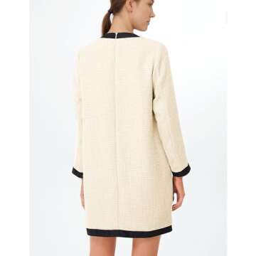 SeeLuNa Women Tweed Bow Dresses V Neck Cardigan Elegant Long Sleeve Dress Button Down Back Zipper Sexy Bodycon Mini Skirt(Beige,XL)