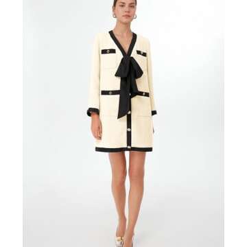 SeeLuNa Women Tweed Bow Dresses V Neck Cardigan Elegant Long Sleeve Dress Button Down Back Zipper Sexy Bodycon Mini Skirt(Beige,XL)