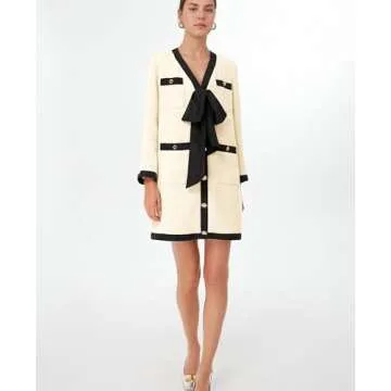 Elegant SeeLuNa Women Tweed Bow Dress with Pockets