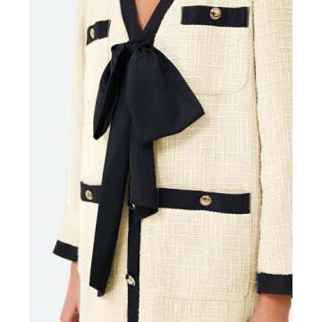 SeeLuNa Women Tweed Bow Dresses V Neck Cardigan Elegant Long Sleeve Dress Button Down Back Zipper Sexy Bodycon Mini Skirt(Beige,XL)