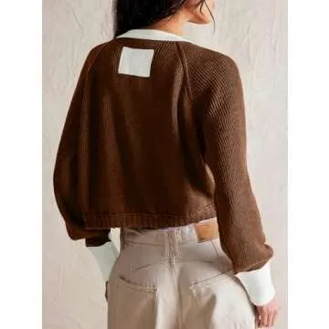 Women's Cropped Cardigan Sweaters Fall Long Sleeve Open Front Cardigans Button Down Color Block Crew...