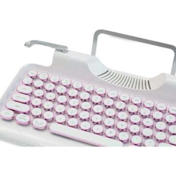 RYMEK Typewriter Style Mechanical Wired & Wireless Keyboard with Tablet Stand, Bluetooth Connection (White)