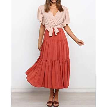 R.Vivimos Summer Dress for Women Cotton Ruffle Short Sleeves V Neck Casual Flowy Midi Dress with Bel...