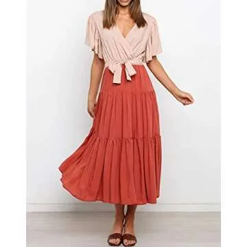 R.Vivimos Summer Dress for Women Cotton Ruffle Short Sleeves V Neck Casual Flowy Midi Dress with Bel...