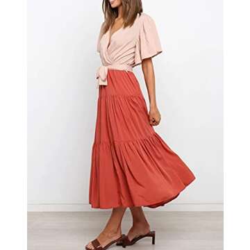 R.Vivimos Summer Dress for Women Cotton Ruffle Short Sleeves V Neck Casual Flowy Midi Dress with Belt (Large, BeigeOrange-Shortsleeve)