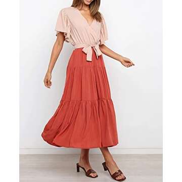 R.Vivimos Summer Dress for Women Cotton Ruffle Short Sleeves V Neck Casual Flowy Midi Dress with Belt (Large, BeigeOrange-Shortsleeve)