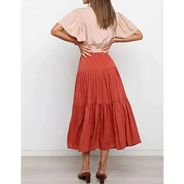 R.Vivimos Summer Dress for Women Cotton Ruffle Short Sleeves V Neck Casual Flowy Midi Dress with Belt (Large, BeigeOrange-Shortsleeve)