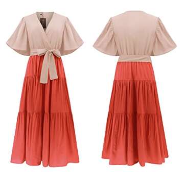 R.Vivimos Summer Dress for Women Cotton Ruffle Short Sleeves V Neck Casual Flowy Midi Dress with Belt (Large, BeigeOrange-Shortsleeve)