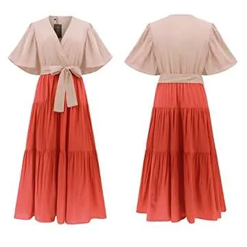 R.Vivimos Summer Dress for Women Cotton Ruffle Short Sleeves V Neck Casual Flowy Midi Dress with Belt (Large, BeigeOrange-Shortsleeve)