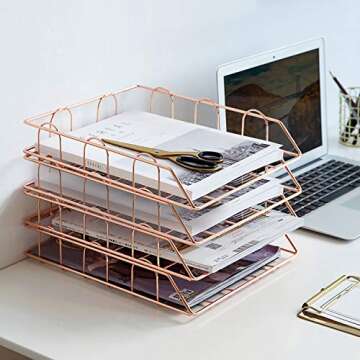 Jolitac Rose Gold 4-Tier Stackable Paper Tray Desk Organizer, Workspace Decorative Stacking Rack Sup...