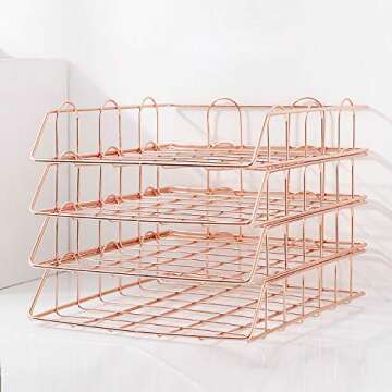 Jolitac Rose Gold 4-Tier Stackable Paper Tray Desk Organizer, Workspace Decorative Stacking Rack Supplies Holder, Metal Letter Trays for File Documents in Home & Office (Rose Gold)