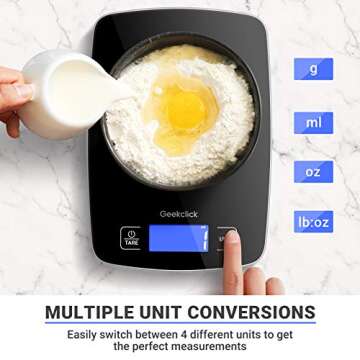 Geekclick Digital Food Kitchen Scale, 22lb Scale for Food Weight Grams and Oz, Kitchen Tools for Baking, Cooking, Meal Prep, Weight Loss, 1g/0.05oz Precise Graduation, Easy Clean Tempered Glass-Black