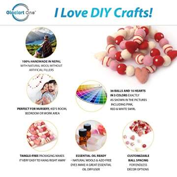 Glaciart One Valentine Felt Ball Garland - Handmade Decor with Hearts