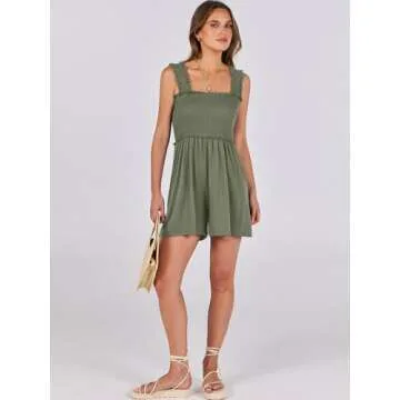 Caracilia Women's Summer Casual Smocked Rompers Square Neck Sleeveless Loose Shorts Jumpsuit 2025 Beach Vacation Outfits