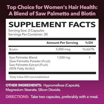 Saw Palmetto for Women with Biotin 5000mcg - Powerful DHT Blocker to Support Hair, Skin, and Nail He...