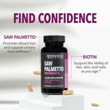 Saw Palmetto for Women with Biotin 5000mcg - Powerful DHT Blocker to Support Hair, Skin, and Nail Health - 60 Count - Vegan, Non-GMO Vitamin for Stronger, Fuller Looking Locks - 1 Month Supply