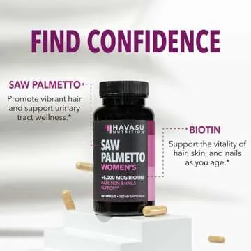 Saw Palmetto for Women with Biotin 5000mcg - Powerful DHT Blocker to Support Hair, Skin, and Nail Health - 60 Count - Vegan, Non-GMO Vitamin for Stronger, Fuller Looking Locks - 1 Month Supply
