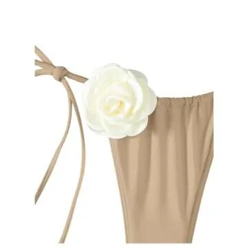 COZYEASE Women's 2 Piece Swimsuits Floral Appliques Halter Tie Side Triangle Thong Bikini Sets Bathing Suit Khaki XS