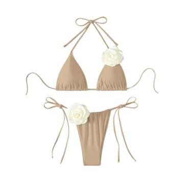 COZYEASE Women's 2 Piece Swimsuits Floral Appliques Halter Tie Side Triangle Thong Bikini Sets Bathing Suit Khaki XS