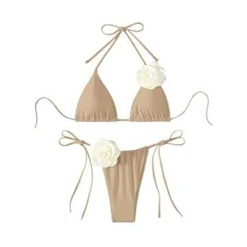 COZYEASE Women's 2 Piece Swimsuits Floral Appliques Halter Tie Side Triangle Thong Bikini Sets Bathing Suit Khaki XS