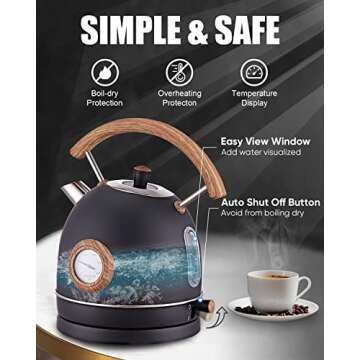 Electric Kettle, Talafa 1.7L / 1500W Electric Tea Kettles for Boiling Water, Stainless Steel Hot Water Boiler with Thermometer, Auto Shut-off & Boil-Dry Protection, Anti-scald Wood Handle, Black
